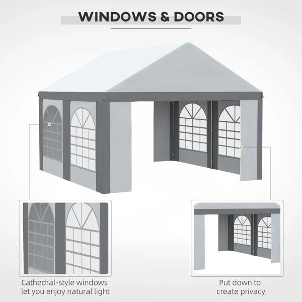 Light grey gazebo featuring arched windows and doors with roof peak, labeled layout