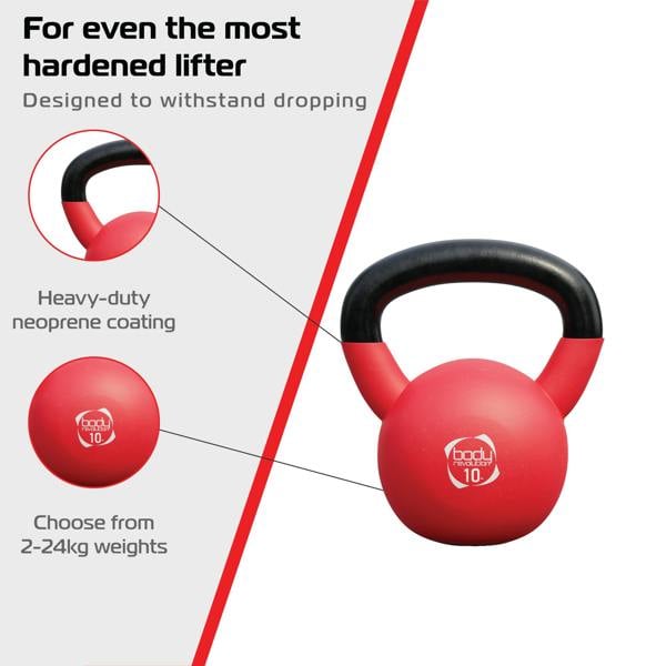 Body Revolution 24kg neoprene kettlebell in vibrant red with a sturdy black handle, designed for durability and easy grip