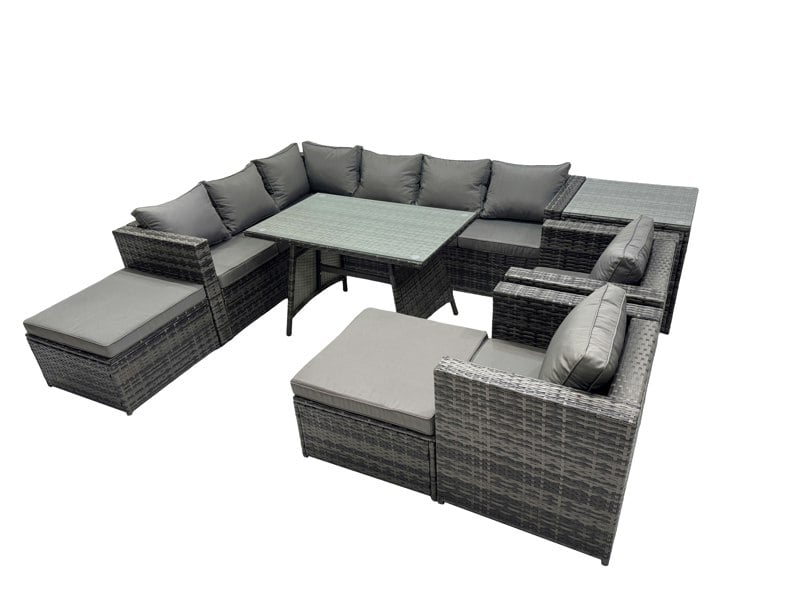 Fimous 10 seater Outdoor PE Rattan Sofa Set with Dining Table Patio Garden Furniture Sets with 2 Chair 2 Big Stools Side Table Dark Grey Mixed