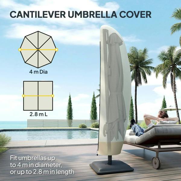 Beige cantilever umbrella cover with full-length hood and zipper seam