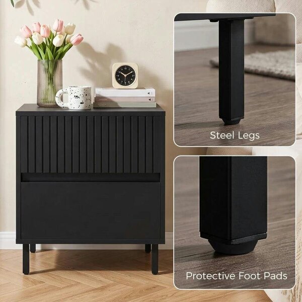 Bedside Cabinet, Bedside Table with 2 Drawers, Storage and Steel Legs for Bedroom, Living Room, Black