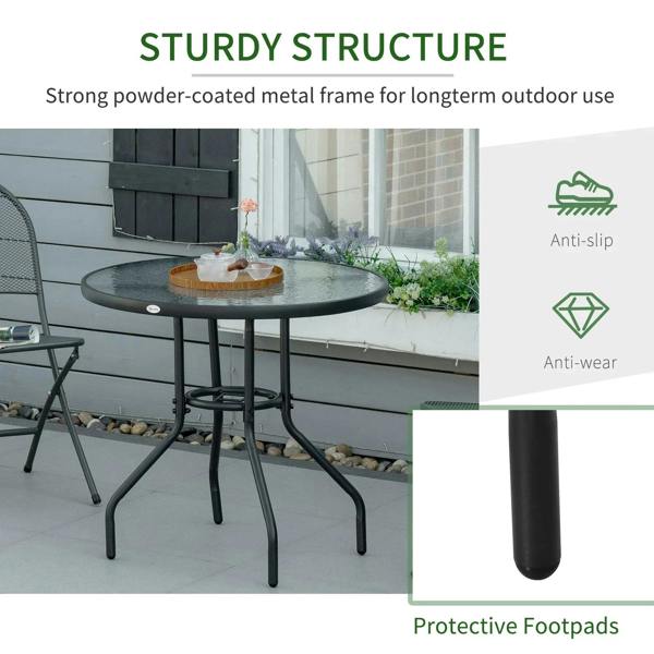 Black outdoor bistro table with sturdy steel frame and protective anti-slip footpads
