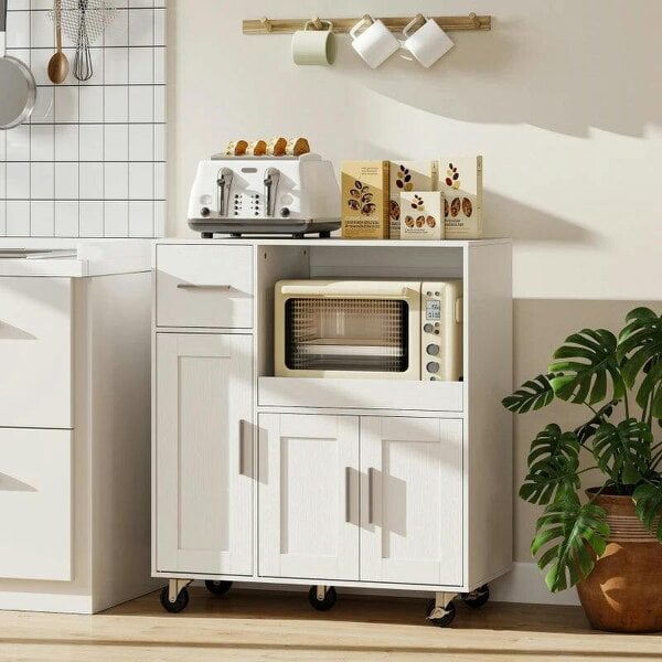 Rolling Kitchen Cart, Microwave Cabinet with Sliding Tray, Drawer, 3-Door Cupboards, Adjustable Shelf, White - White