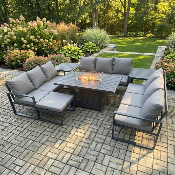 Fimous 10 Seater Aluminium Garden Furniture Set with Gas Fire Pit Dining Table, Large Footstool, 2 Side Tables - Dark Grey