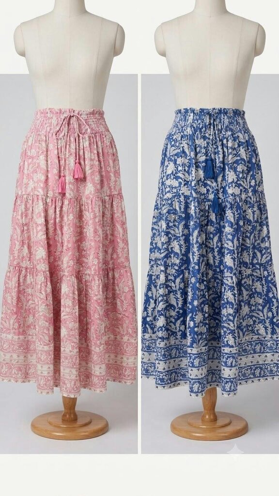 Blue Brianne Woodblock print skirt with border