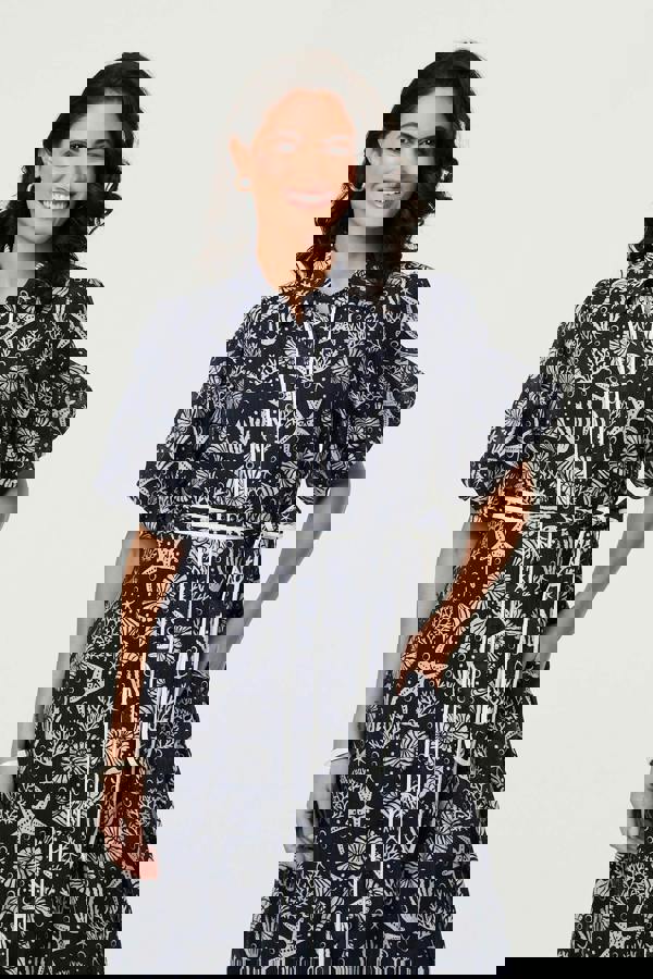 Navy | Tropical Print Puff Sleeve Midi Dress
