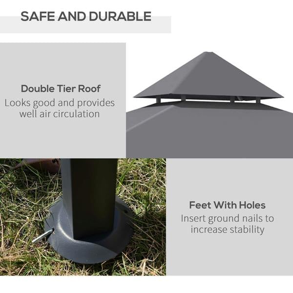 Grey double-tier roof gazebo canopy with reinforced posts and round feet base
