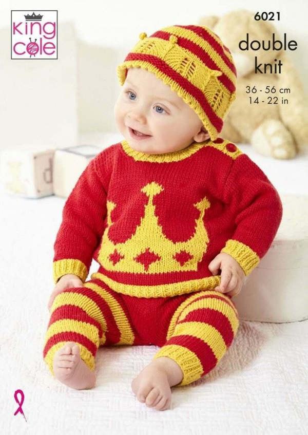King Cole Cottonsoft DK Knitting Pattern 6021, Sweaters, Hoodies, Trousers, Shorts, Headwear for Baby, 14 - 22 Inches