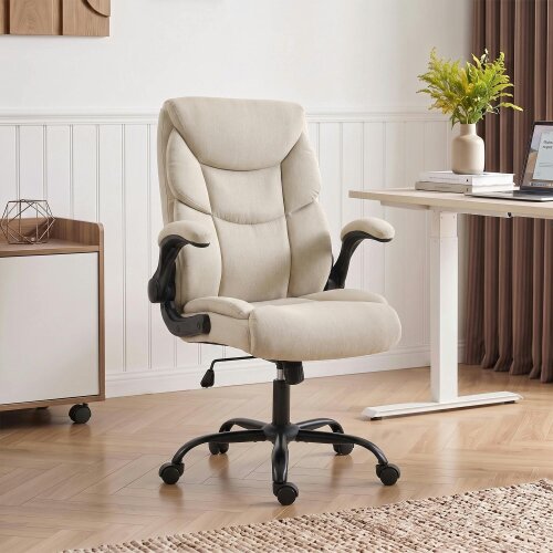 HOMCOM Office Chair, Executive Desk Chair w/ Flip-up Armrest, Cream White