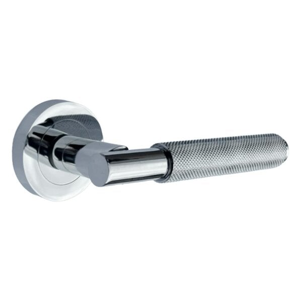 EDH Door Hardware Polished Chrome Knurled Door Handles on Round Rose – Modern Internal Lever Latch Handles