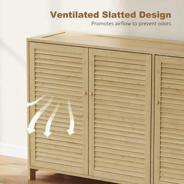 Bobobiy Bamboo Shoe Cabinet with Louvered Doors, 18 Pairs Shoe Storage Cabinet with Adjustable Shelves for Hallway, Natural