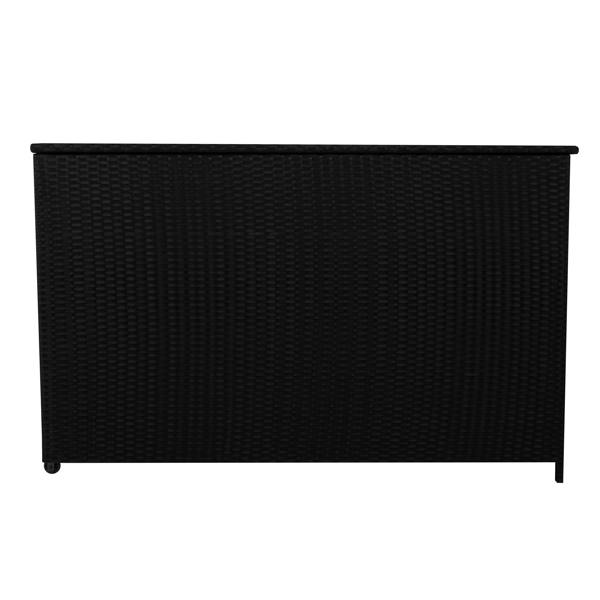 Stylish black rattan cushion storage box with a textured weave design, perfect for outdoor or indoor organization and decor
