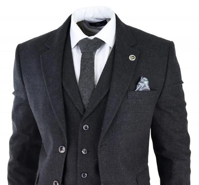 TruClothing Mens Black 3 Piece Tweed Suit Peaky Blinders 1920s Gatsby Classic Tailored Fit