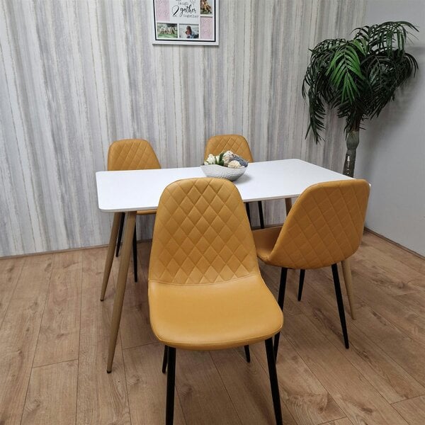 Kosy Koala Wooden Dining Table with 4 Mustard Gem Patterned Chairs White Table with Mustard Chairs