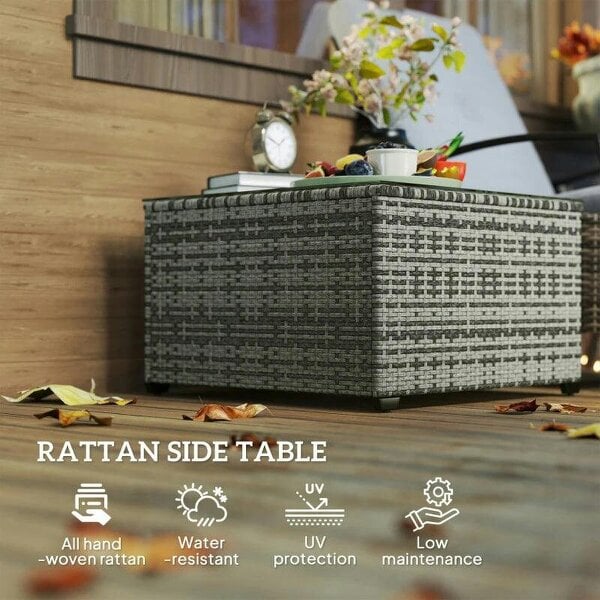 62 x 62cm Glass-Top Rattan Side Table - Light Grey