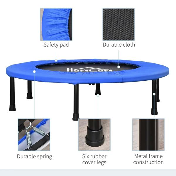 Blue mini trampoline showing safety pad, durable cloth, rubber-covered spring, metal frame