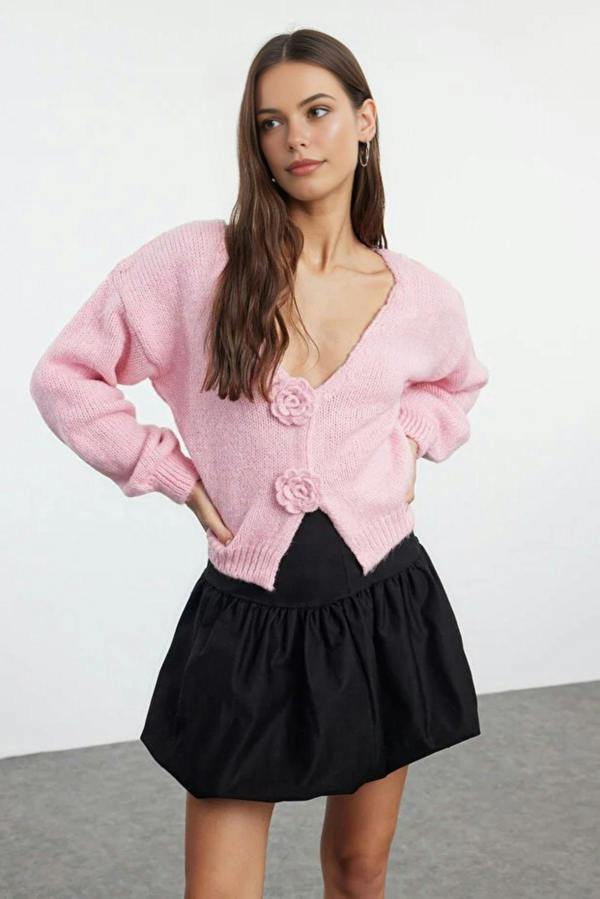 WOVCOR Soft Textured Knit Cardigan with Rose Detail
