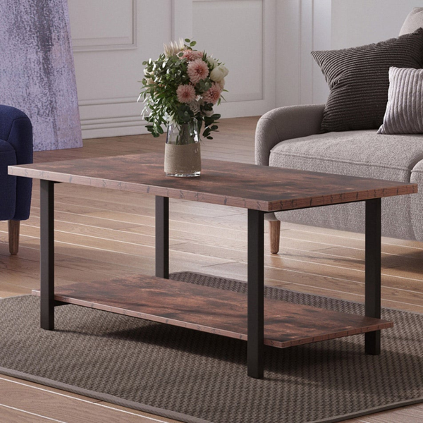 Living and Home Rustic Coffee Table with Storage Shelf