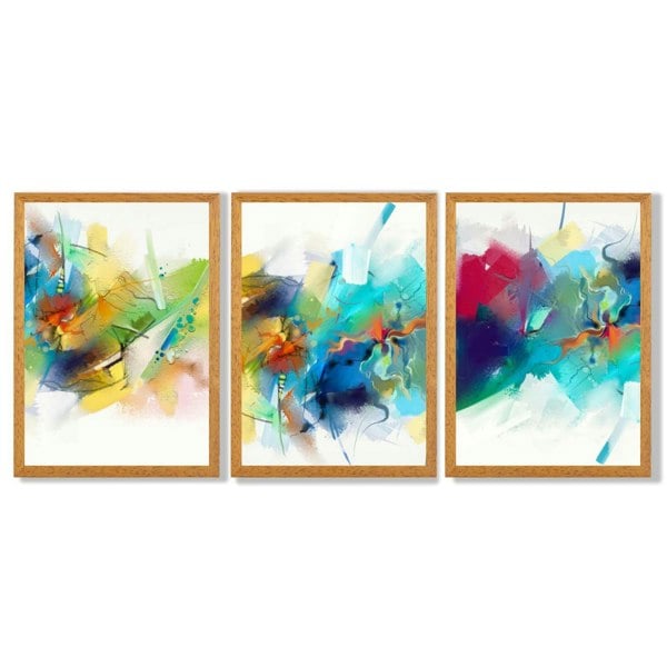 Artze Wall Art Set of 3 Abstract Multicolour Blue Pink Framed Wall Art Prints