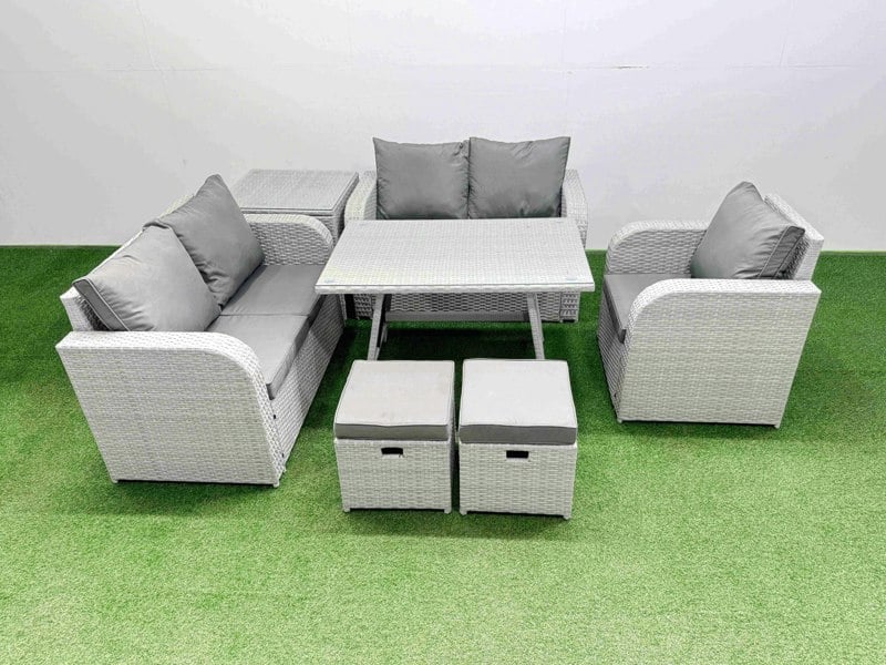 Fimous 7 Seater Outdoor Rattan Garden Furniture Set Love Sofa Reclining Chair with Rectangular Dining Table Side Table 2 Small Footstools Light Grey