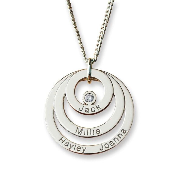Christopher James of London 9ct White Gold Engraved Triple Disc Personalised Family Necklace With Diamond