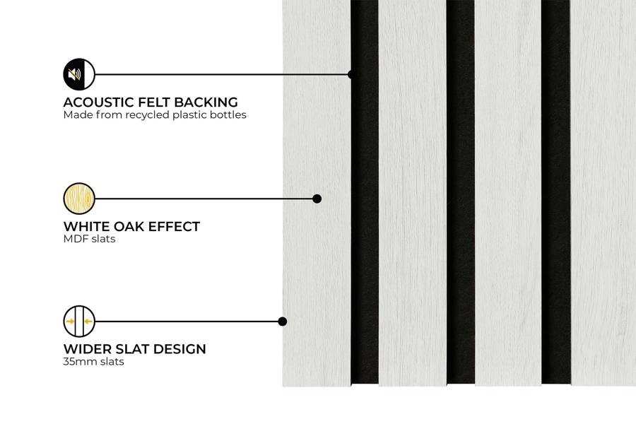 Fuse Acoustic Wooden Slatted Wall Panel in White Oak, 2.4m x 0.6m