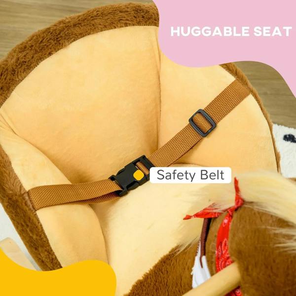 Brown plush rocking horse seat with safety belt across padded inner panel