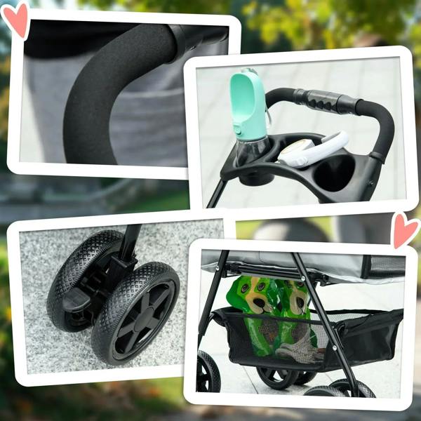 Grey dog stroller with cup holder, rear storage basket, and four wheels