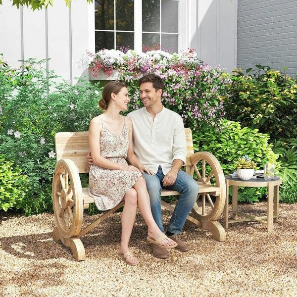 Fir Wood 2-Seater Outdoor Garden Wagon Wheel Bench, Natural Wood Finish - Natural wood finish