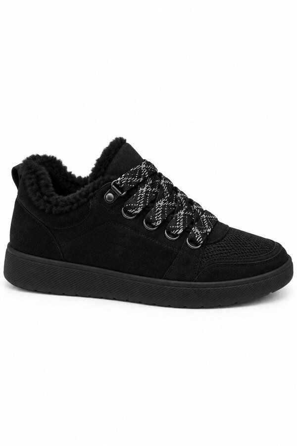 Love Lemonade Hudson Comfort Faux Suede Check Lace Faux Fur Lined Trainers Black