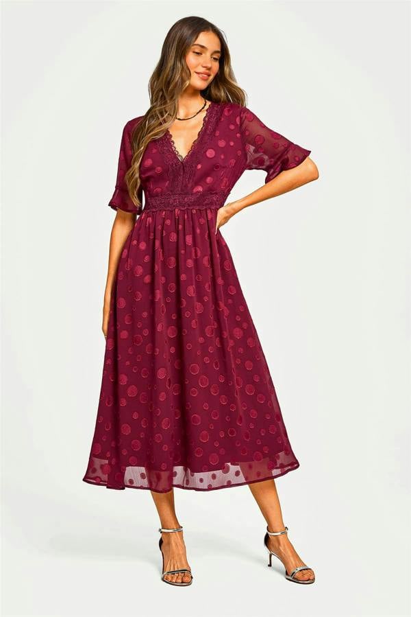 FS Collection Polka Dot Jacquard Long Sleeve Lace Trim V Neck Maxi Dress In Wine