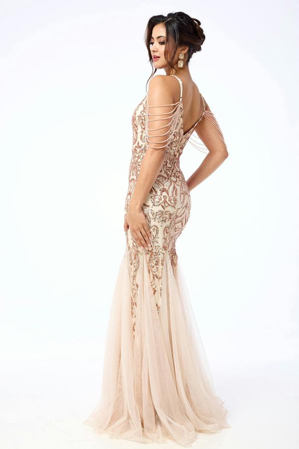 LuvForever Diora - Gold Jewelled Shoulder Sequin Maxi Dress