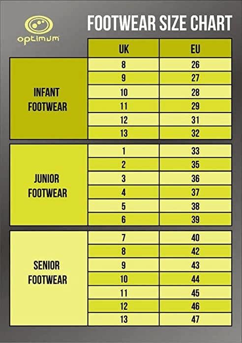 Optimum footwear size chart in yellow and grey with UK to EU sizes for infant, junior and senior - Optimum