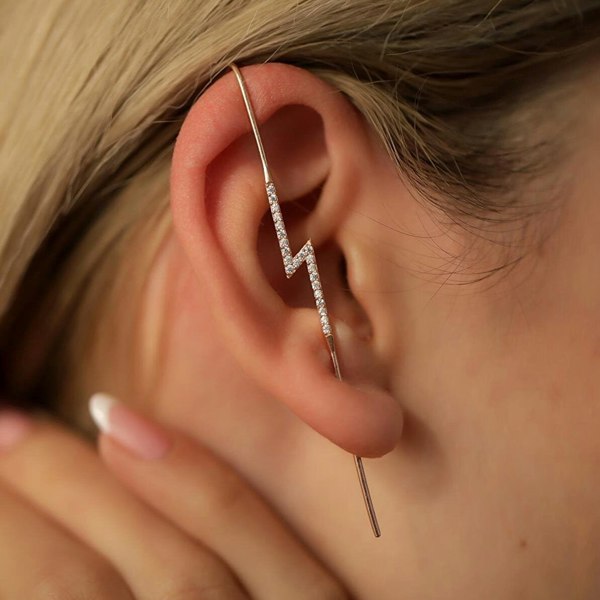 Spero London Sterling Silver Lightning Bolt Ear Crawler With Sparkling White Gemstones