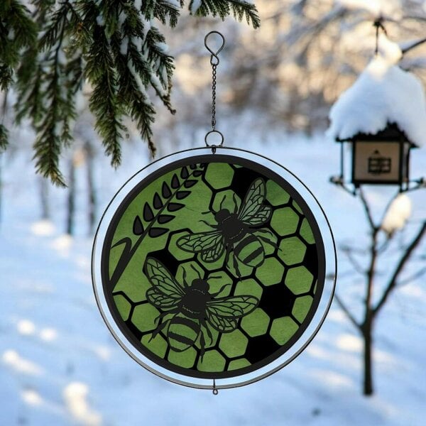 EDH Door Hardware Black Metal Honey Bees Hanging Silhouette Orbit Spinner – 39cm x 23cm | Outdoor & Indoor Wind Spinner for Garden, Patio & Home Décor