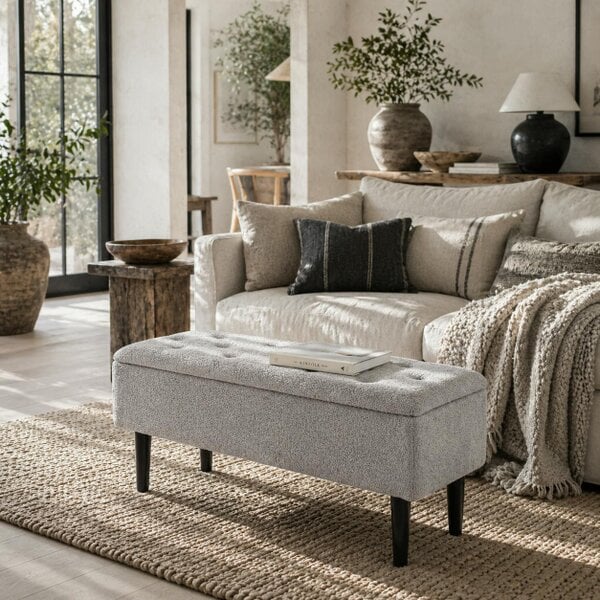 Wyld Haus Vemovi Fabric Grey Storage Ottoman Bench With Wooden Legs 57 Litre
