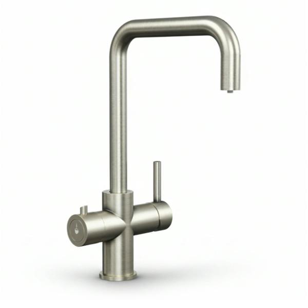 Stainless steel boiling water tap on a white background 