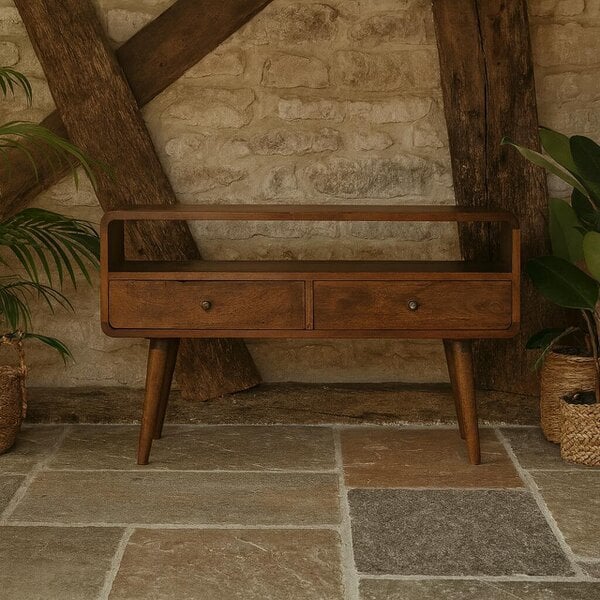 Wyld Haus Ostuni Low Curved Chestnut Mango Wood TV Media Unit 2 Drawers and Open Shelf