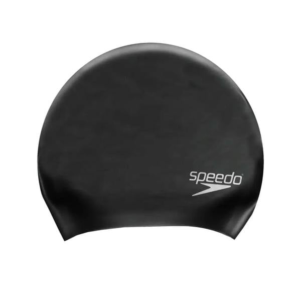 Black Speedo long hair silicone swim cap with smooth texture
