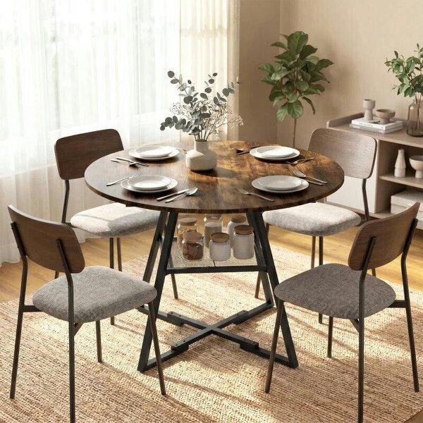 Dining Table for 4 People, 100 cm Round Industrial Kitchen Table with Storage Shelf, Rustic Brown - Rustic Brown