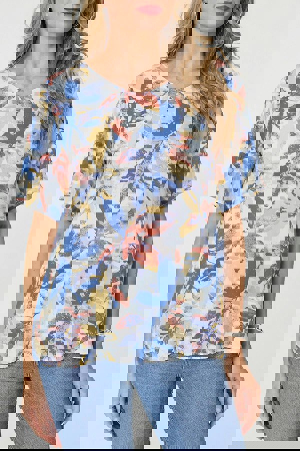 Blue | Leaf Print Relaxed Short Sleeve Blouse
