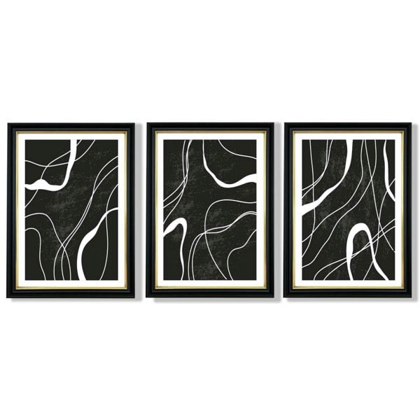 Set of 3 Abstract Black and White Framed Art Prints with Vermeer Black and Gold Frames