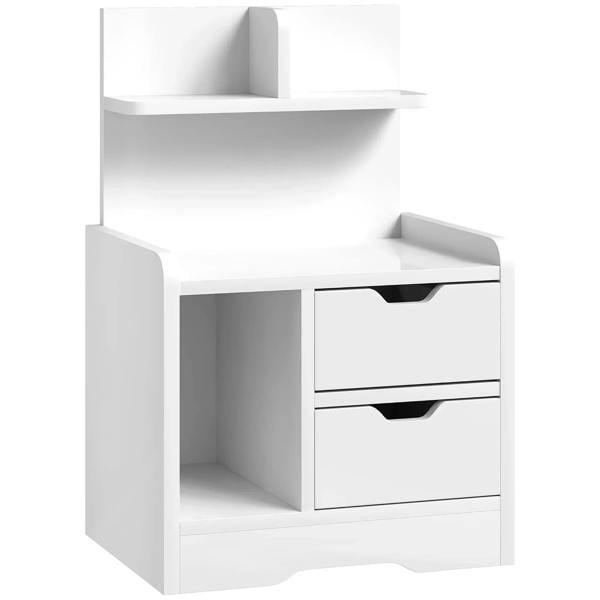 High-gloss white bedside table with open shelf and two drawers