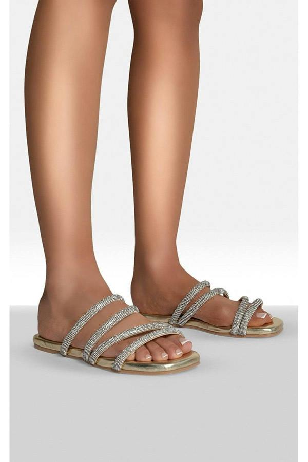 Reya Embellished Asymmetrical Strap Flat Sandals - Gold