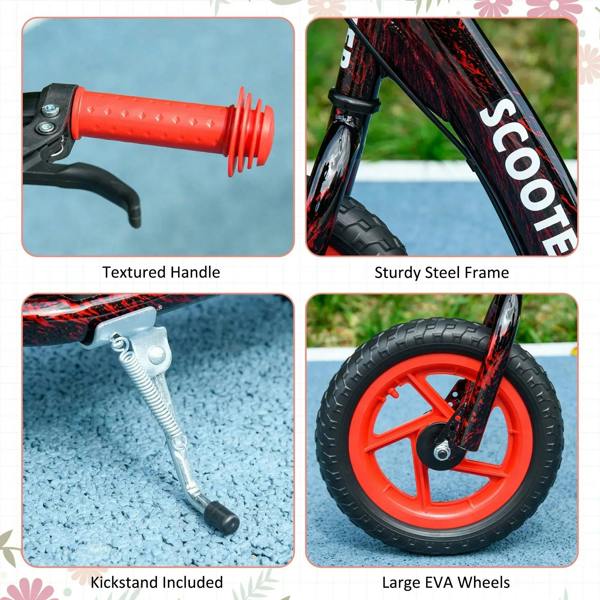 Kids kick scooter detail: textured red handle grips, steel frame, kickstand and wheels
