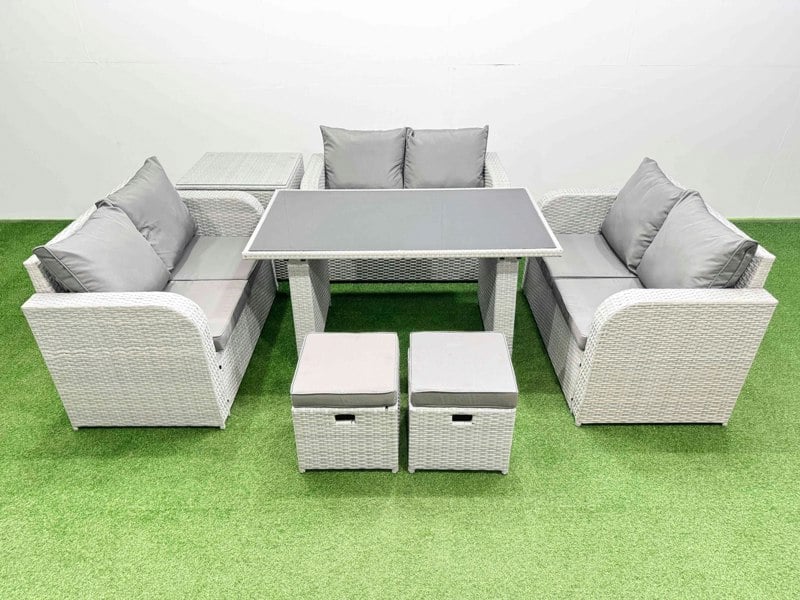 Fimous 8 Seater Patio Garden Furniture Sets with Black Glass Top Dining Table Love Sofa Side Table 2 Small Stool Light Grey
