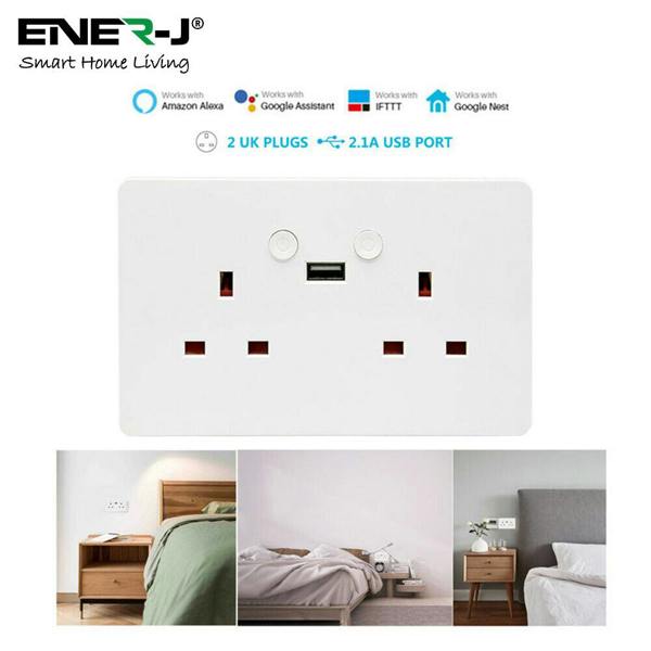ENER-J Smart Wall Socket – WiFi Double Power Socket with USB & Type-C, Alexa & Google Compatible, 13A UK White