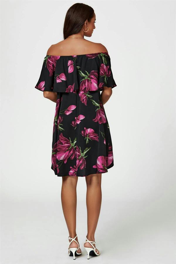 FS Collection Pink Floral Print Bardot Frill Off Shoulder Mini Dress In Black