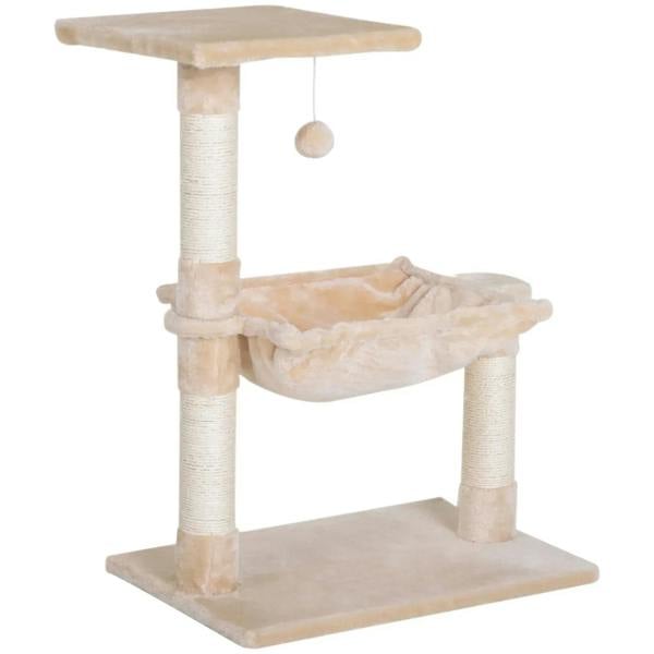 Beige cat scratch post with bed cat tree, sisal posts, hammock, and two platforms