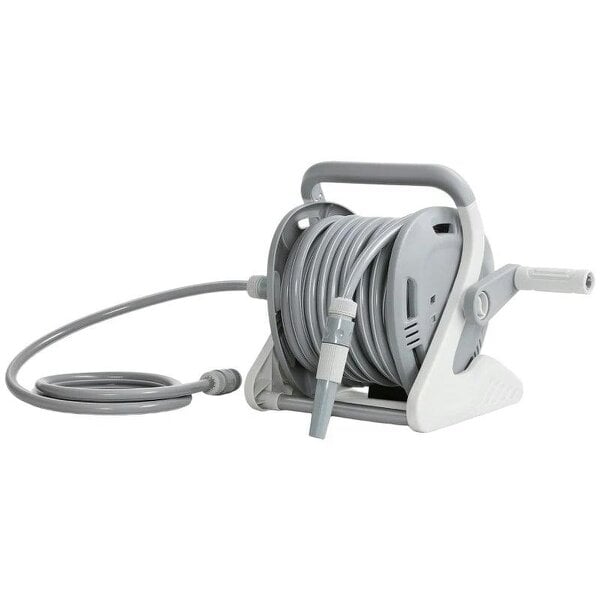Bobobiy Portable Garden Hose Reel, 20+2 m Wall Mounted Hose Reel with 2 Patterns Spray Nozzle and Crank Handle, Grey